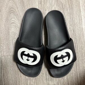 Gucci Black Slides with White Logo